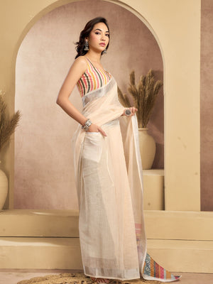 Rajwada Cream Cotton Linen Solid Saree For Women