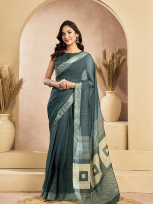 Rajwada Green Cotton Linen Solid Saree For Women