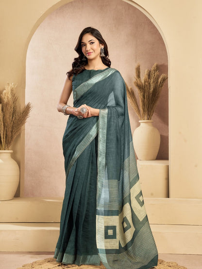 Rajwada Green Cotton Linen Solid Saree For Women