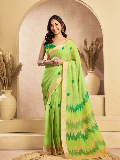 Rajwada Lime Green Cotton Linen Solid Saree For Women