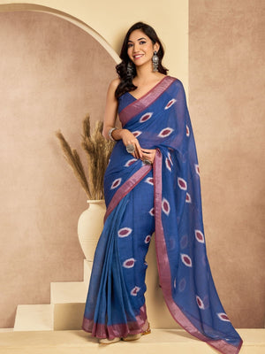 Rajwada Blue Cotton Linen Solid Saree For Women