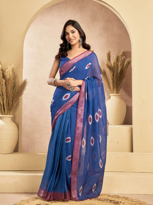 Rajwada Blue Cotton Linen Solid Saree For Women