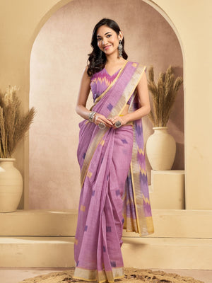 Rajwada Pink Cotton Linen Solid Saree For Women