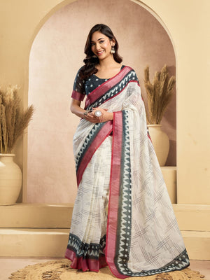 Rajwada Off White Cotton Linen Solid Saree For Women