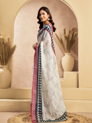 Rajwada Off White Cotton Linen Solid Saree For Women