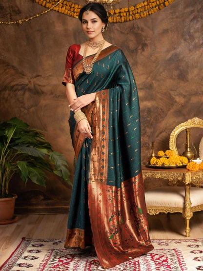 Rajwada Dark Green Silk Woven Saree For Women