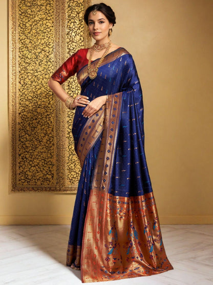 Rajwada Navy Blue Silk Woven Saree For Women