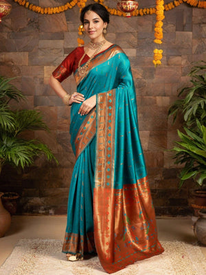 Rajwada Turquoise Silk Woven Saree For Women