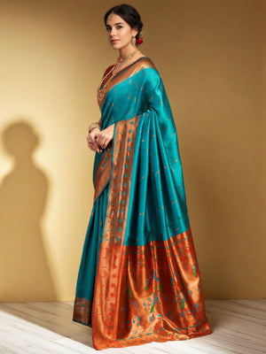 Rajwada Turquoise Silk Woven Saree For Women
