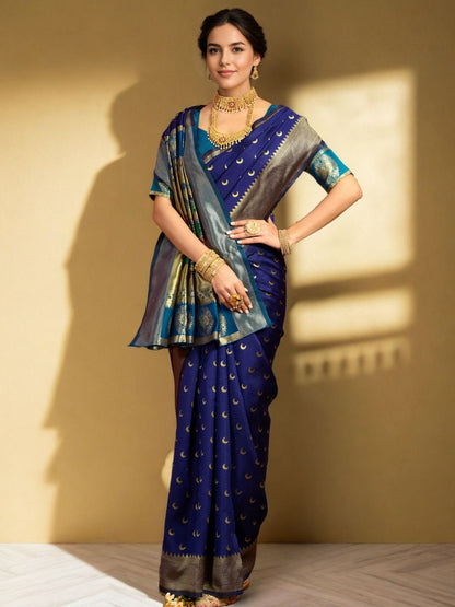 Rajwada Navy Blue Silk Woven Saree For Women
