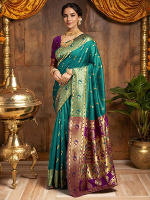 Rajwada Sea Green Silk Woven Saree For Women