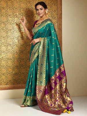Rajwada Sea Green Silk Woven Saree For Women