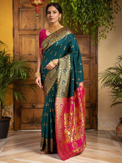 Rajwada Dark Green Silk Woven Saree For Women