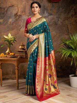 Rajwada Teal Silk Woven Saree For Women