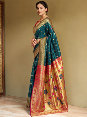 Rajwada Teal Silk Woven Saree For Women