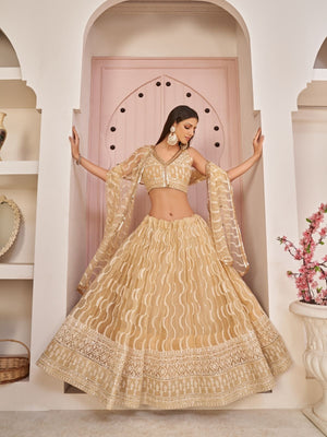 Rajwada Beige Net Embroidered Semi Stitched Lehenga For Women