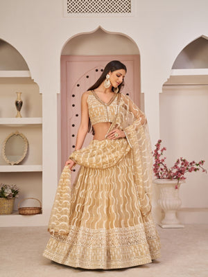 Rajwada Beige Net Embroidered Semi Stitched Lehenga For Women
