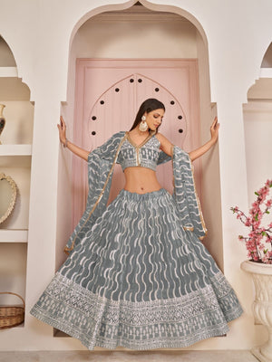Rajwada Grey Net Embroidered Semi Stitched Lehenga For Women