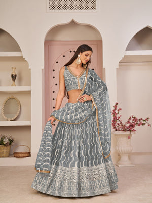 Rajwada Grey Net Embroidered Semi Stitched Lehenga For Women