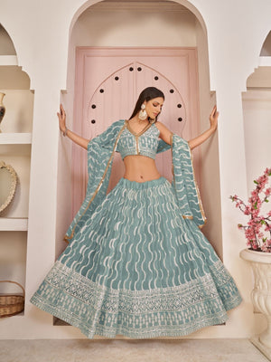 Rajwada Sky Blue Net Embroidered Semi Stitched Lehenga For Women