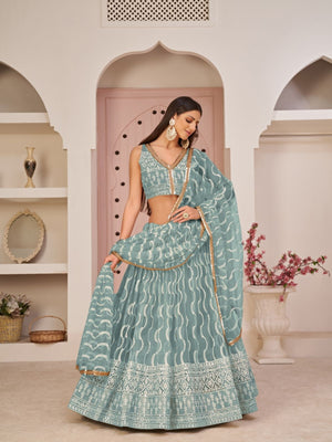 Rajwada Sky Blue Net Embroidered Semi Stitched Lehenga For Women