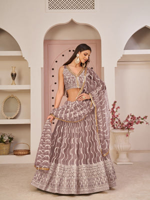 Rajwada Mauve Pink Net Embroidered Semi Stitched Lehenga For Women