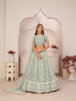 Rajwada Light Green Net Embroidered Semi Stitched Lehenga For Women