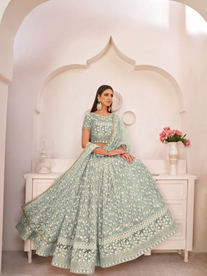 Rajwada Light Green Net Embroidered Semi Stitched Lehenga For Women