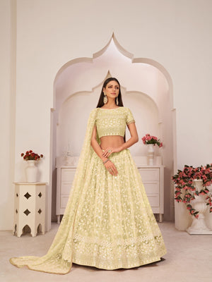Rajwada Lime Green Net Embroidered Semi Stitched Lehenga For Women