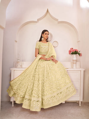 Rajwada Lime Green Net Embroidered Semi Stitched Lehenga For Women