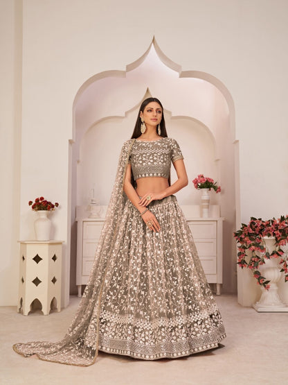 Rajwada Dark Beige Net Embroidered Semi Stitched Lehenga For Women
