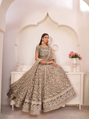 Rajwada Dark Beige Net Embroidered Semi Stitched Lehenga For Women