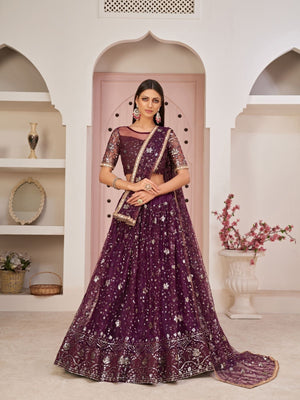 Rajwada Wine Net Embroidered Semi Stitched Lehenga For Women