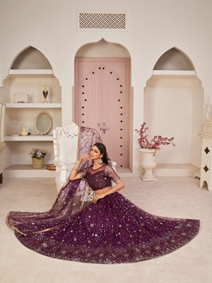 Rajwada Wine Net Embroidered Semi Stitched Lehenga For Women