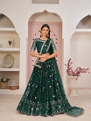 Rajwada Dark Green Net Embroidered Semi Stitched Lehenga For Women