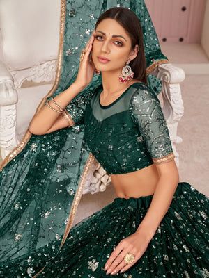 Rajwada Dark Green Net Embroidered Semi Stitched Lehenga For Women