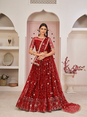 Rajwada Red Net Embroidered Semi Stitched Lehenga For Women