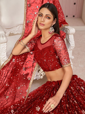 Rajwada Red Net Embroidered Semi Stitched Lehenga For Women