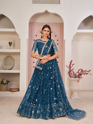 Rajwada Blue Net Embroidered Semi Stitched Lehenga For Women
