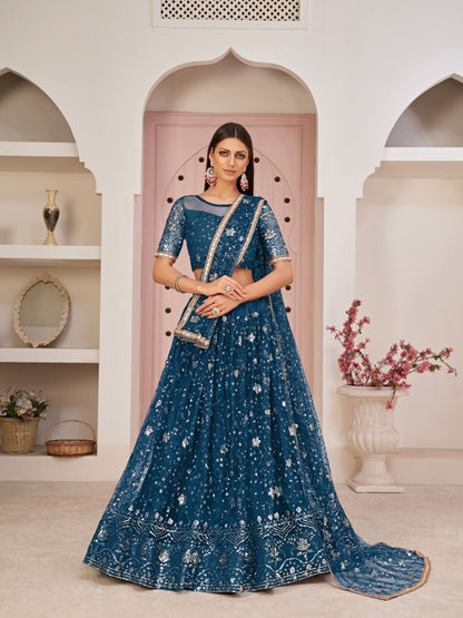 Rajwada Blue Net Embroidered Semi Stitched Lehenga For Women