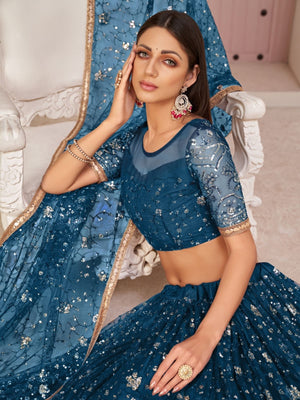 Rajwada Blue Net Embroidered Semi Stitched Lehenga For Women