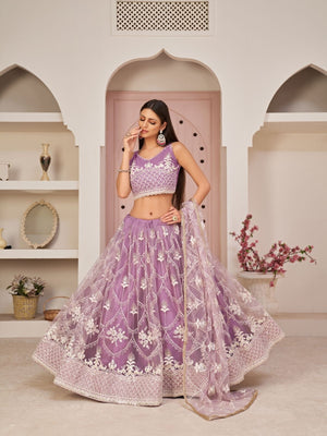 Rajwada Lavender Net Embroidered Semi Stitched Lehenga For Women