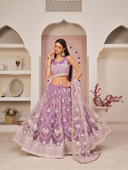 Rajwada Lavender Net Embroidered Semi Stitched Lehenga For Women