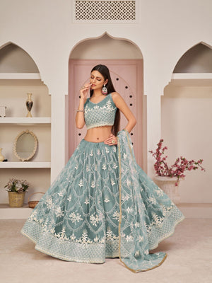 Rajwada Pastel Blue Net Embroidered Semi Stitched Lehenga For Women