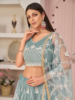 Rajwada Pastel Blue Net Embroidered Semi Stitched Lehenga For Women