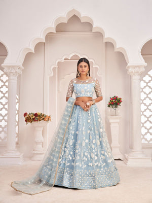 Rajwada Sky Blue Net Embroidered Semi Stitched Lehenga For Women