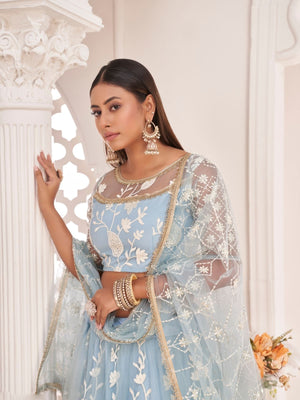 Rajwada Sky Blue Net Embroidered Semi Stitched Lehenga For Women