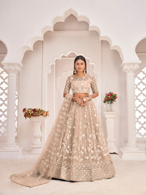Rajwada Beige Net Embroidered Semi Stitched Lehenga For Women