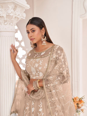 Rajwada Beige Net Embroidered Semi Stitched Lehenga For Women