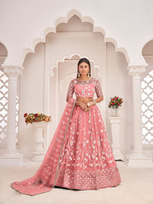 Rajwada Pink Net Embroidered Semi Stitched Lehenga For Women